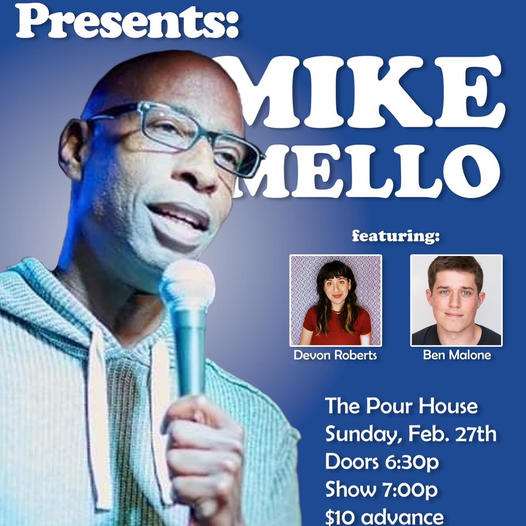Mike Mello holding the mic at Neptunes Comedy, The Pour House in Raleigh — show promo